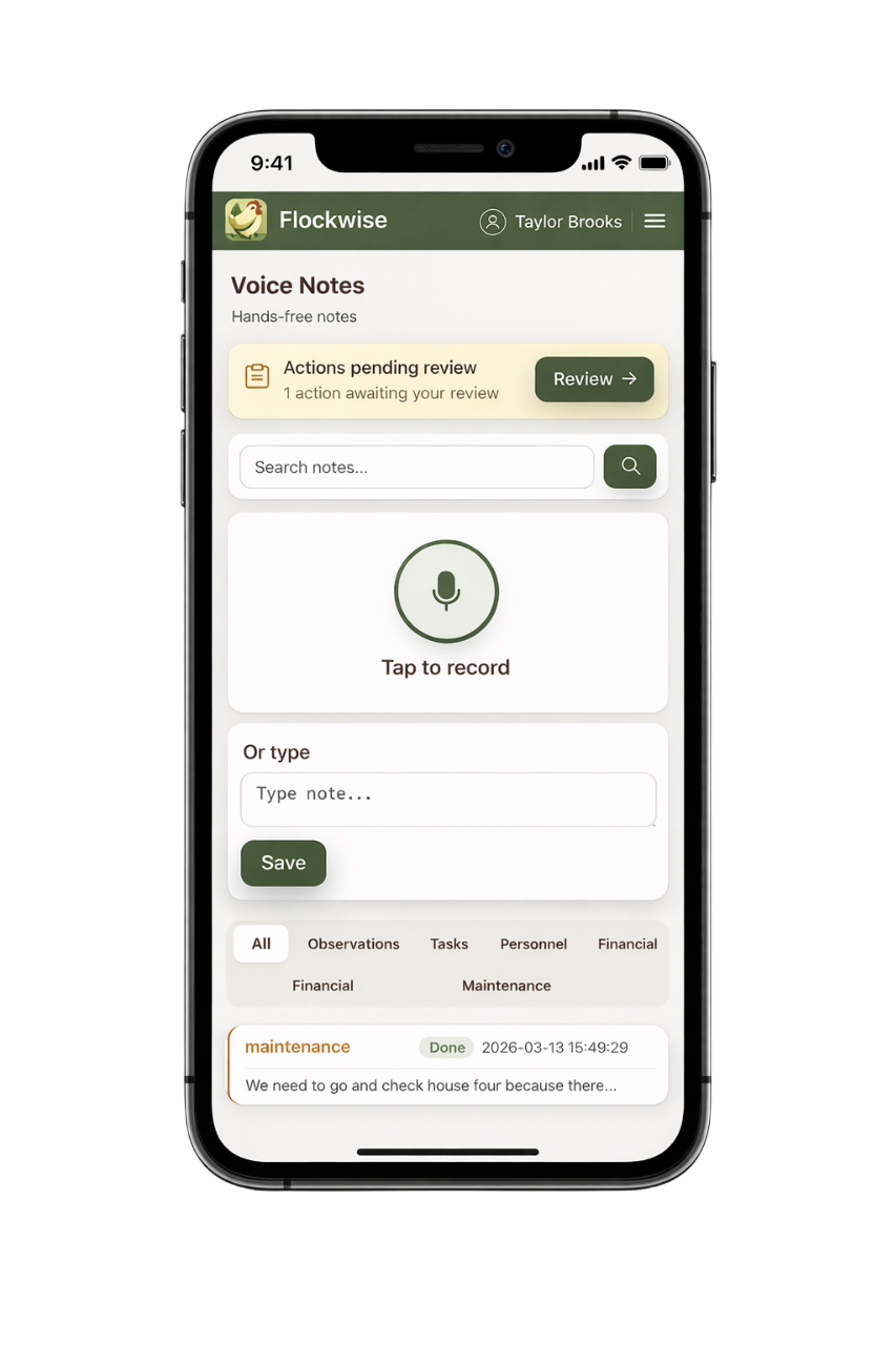Poultry Log voice logging screen on mobile