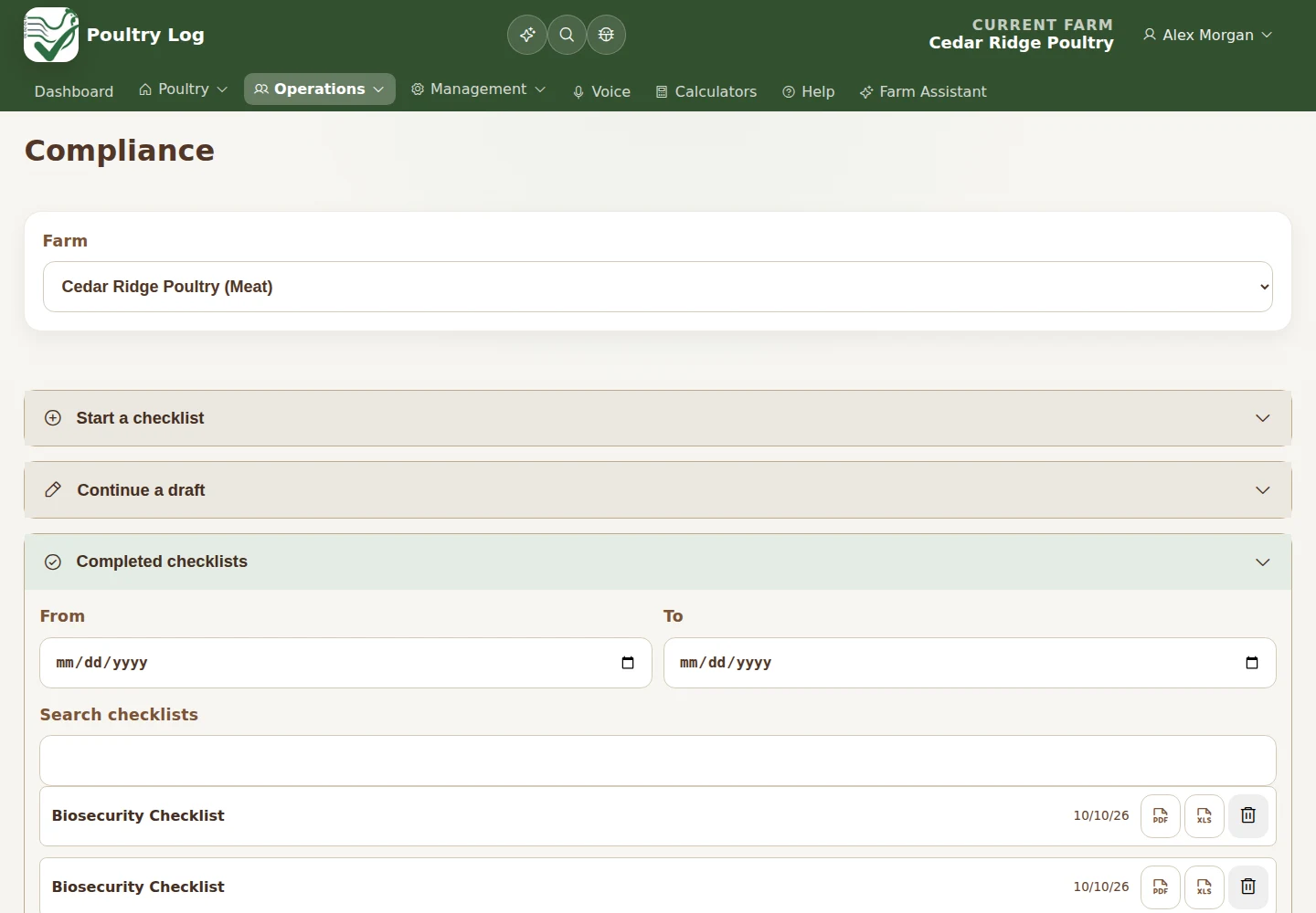 Completed biosecurity checklists with illustrative farm records