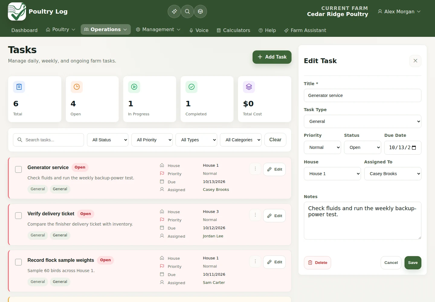 Farm tasks with sample assignments, due dates and statuses