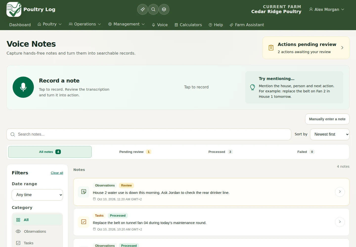 Voice Notes with illustrative observations and actions awaiting review