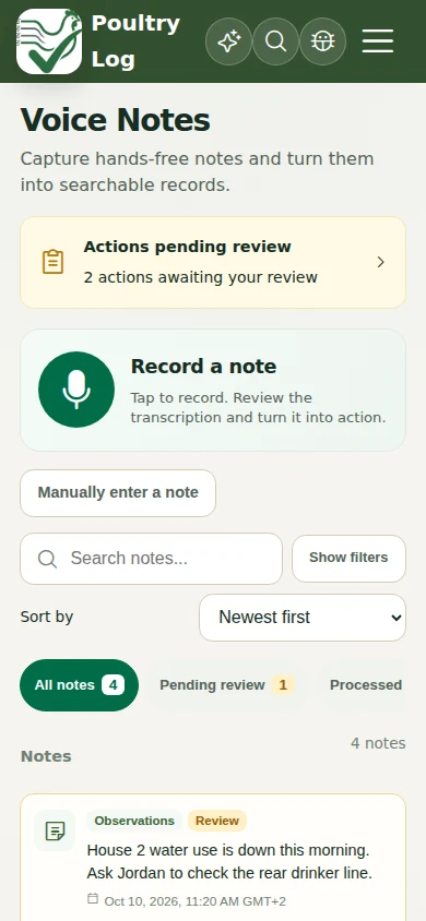 Voice Notes with illustrative observations and actions awaiting review