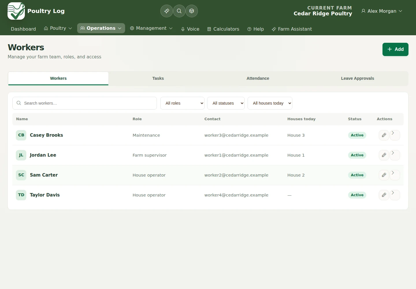 Worker records for a fictional four-person farm team